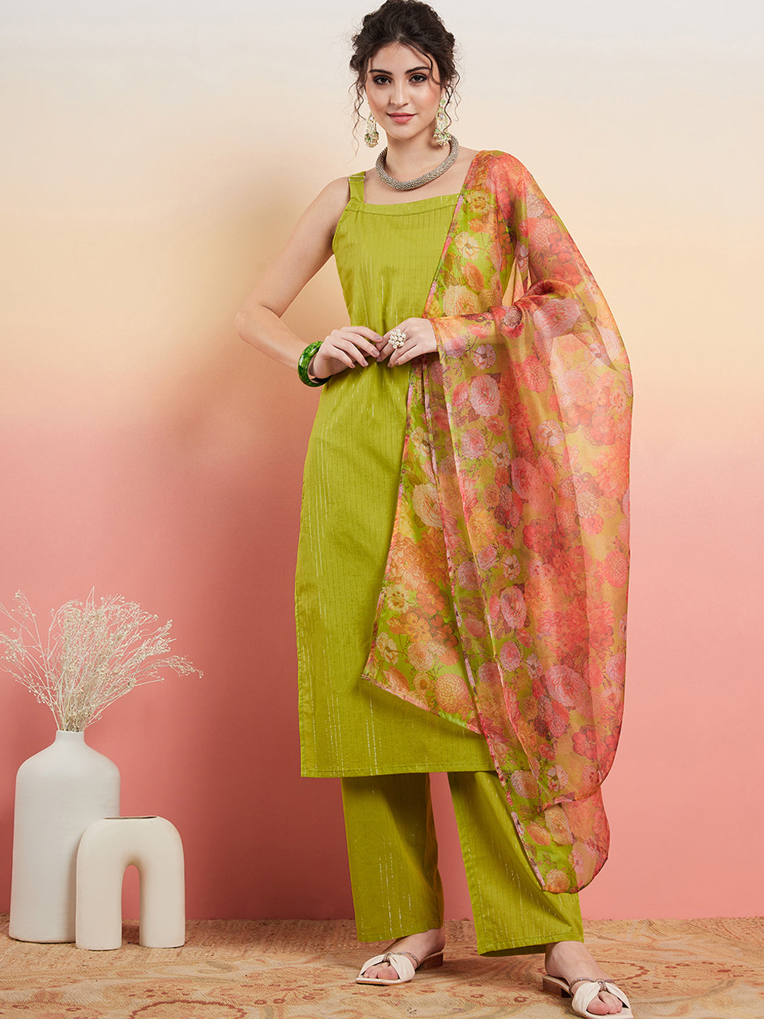 InWeave Women's Lime Green Lurex Strappy Straight Kurta Set W Organza Dupatta