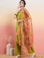 InWeave Women's Lime Green Lurex Strappy Straight Kurta Set W Organza Dupatta