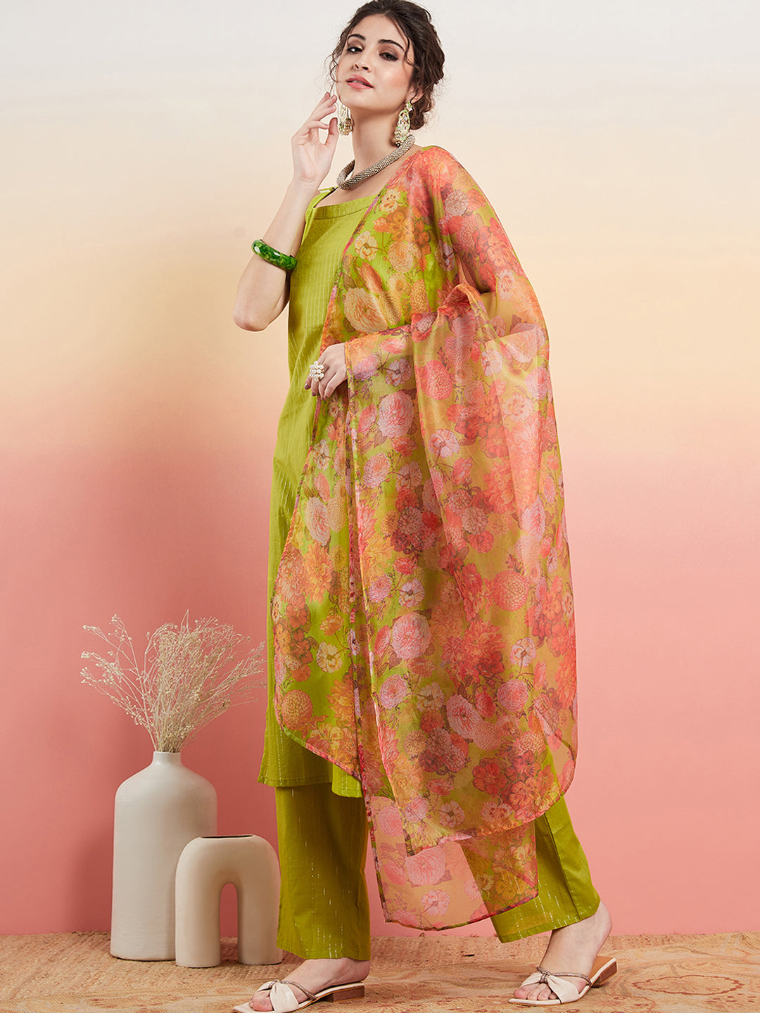 InWeave Women's Lime Green Lurex Strappy Straight Kurta Set W Organza Dupatta