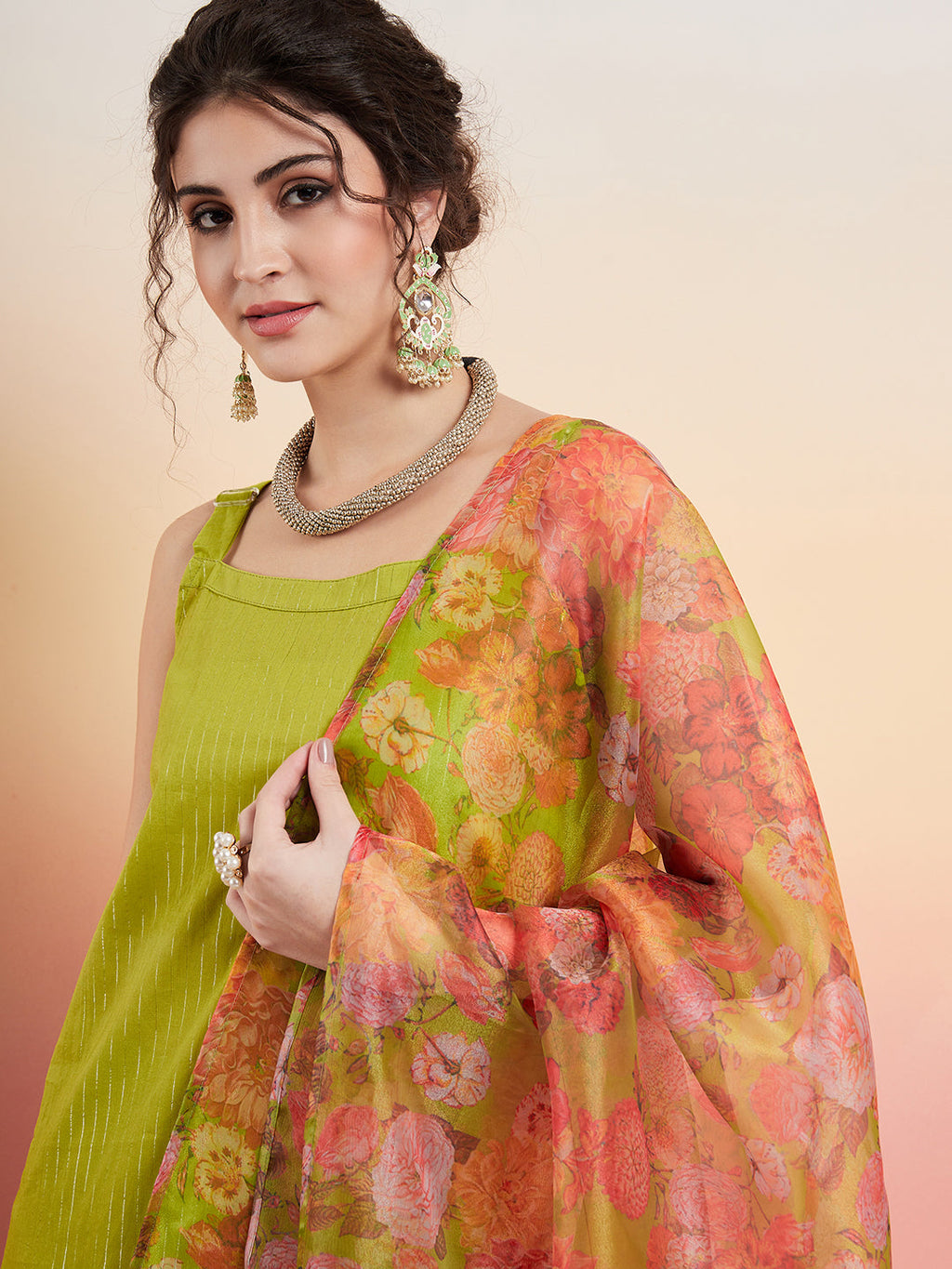 InWeave Women's Lime Green Lurex Strappy Straight Kurta Set W Organza Dupatta