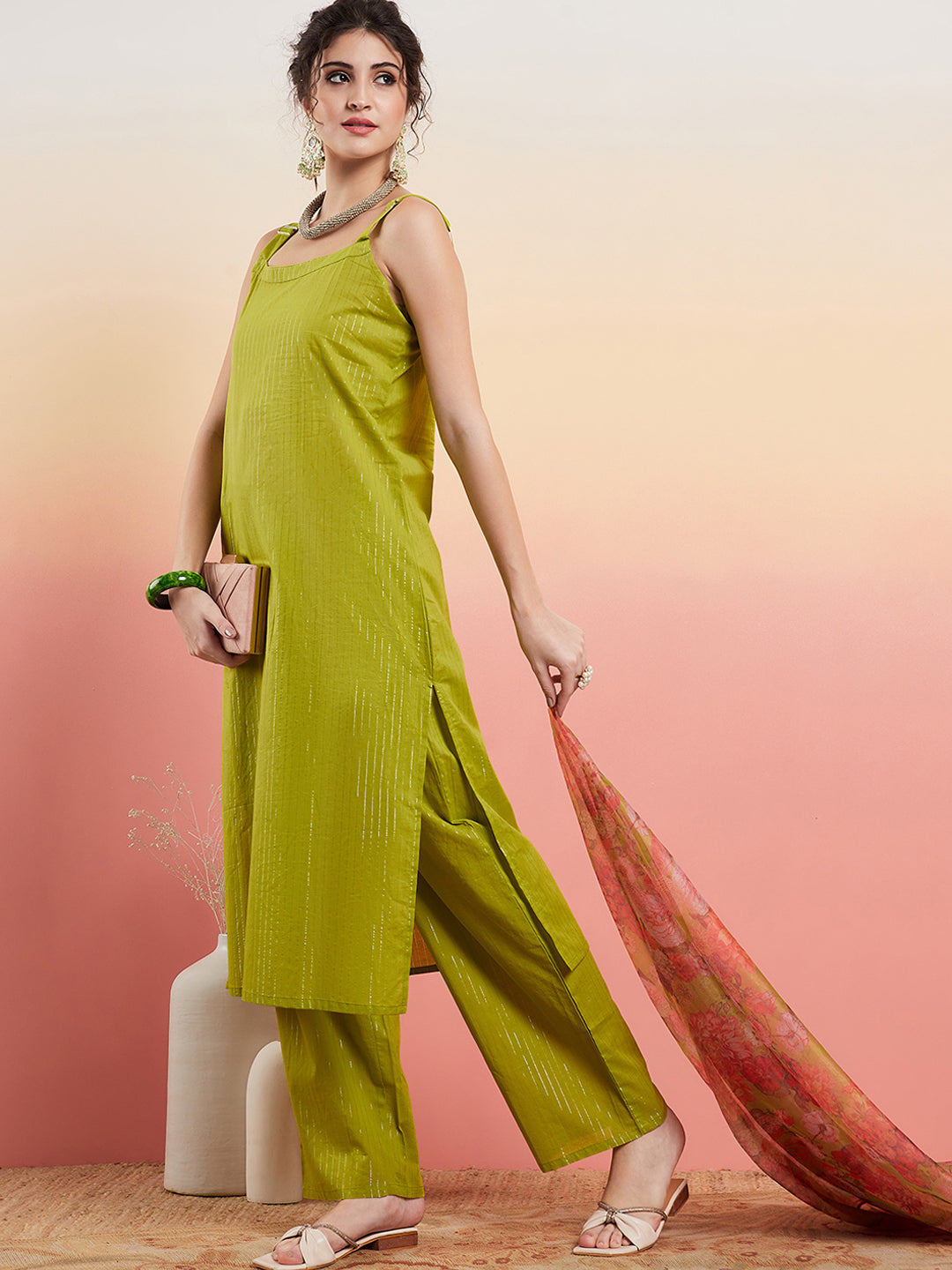 InWeave Women's Lime Green Lurex Strappy Straight Kurta Set W Organza Dupatta