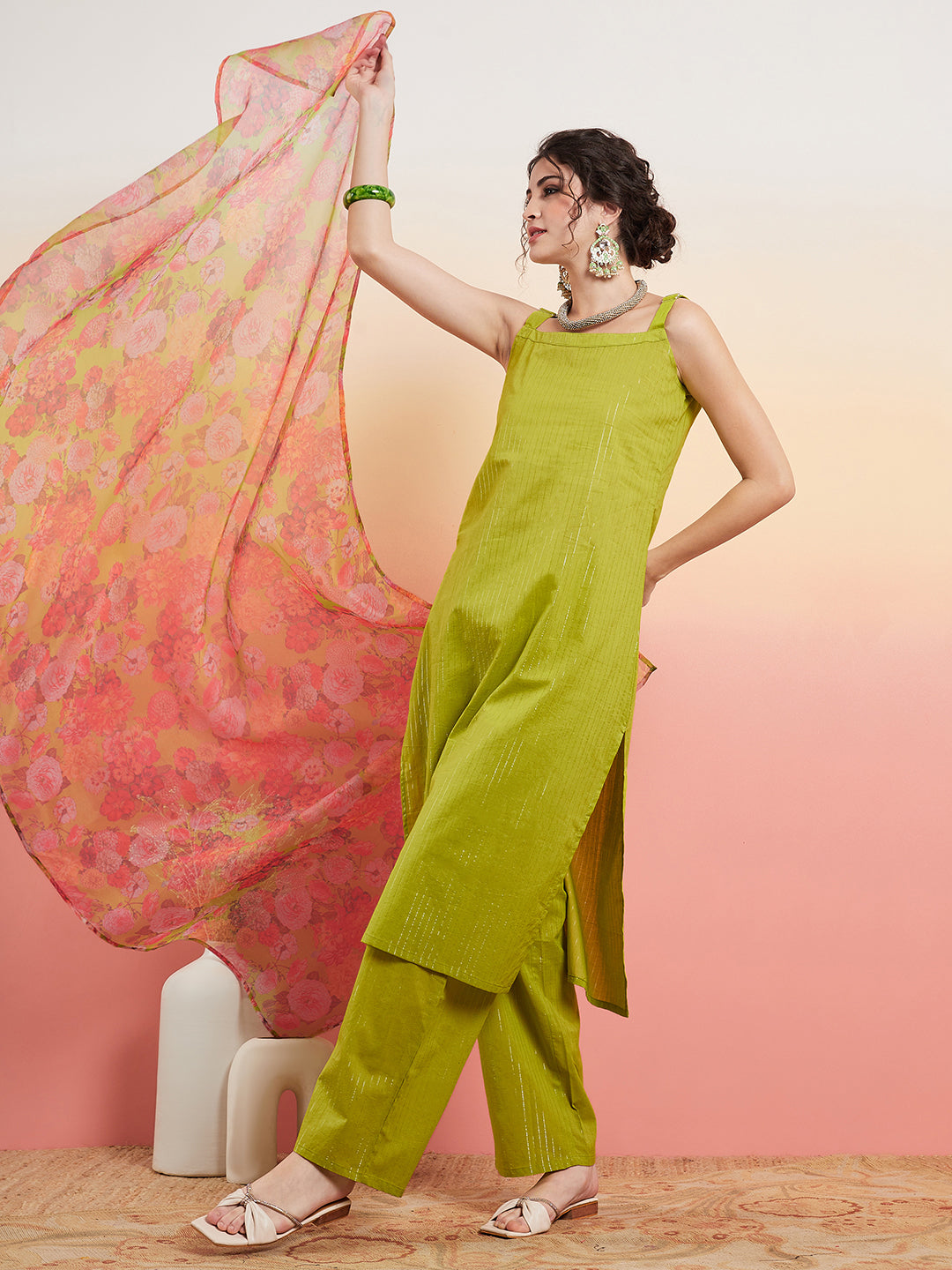InWeave Women's Lime Green Lurex Strappy Straight Kurta Set W Organza Dupatta