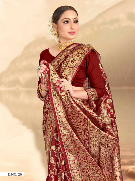 Vardha Maroon Red Woven Banarasi Saree