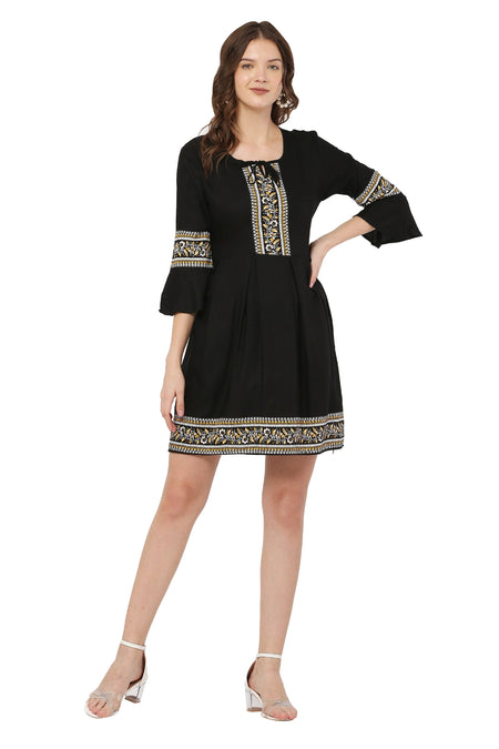 PAVONINE Black Color Rayon Fabric Printed Short Midi For Girls