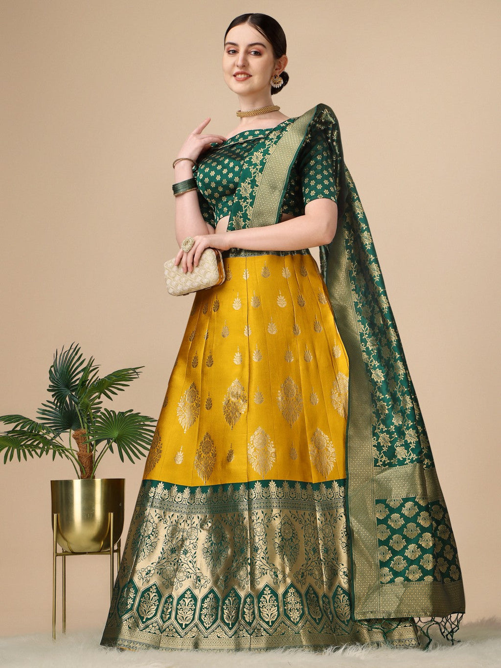 Lorenvalley Fashion Yellow Brocade Fabric Lehenga & Unstitched Blouse With Dupatta