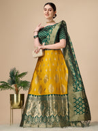 Lorenvalley Fashion Yellow Brocade Fabric Lehenga & Unstitched Blouse With Dupatta