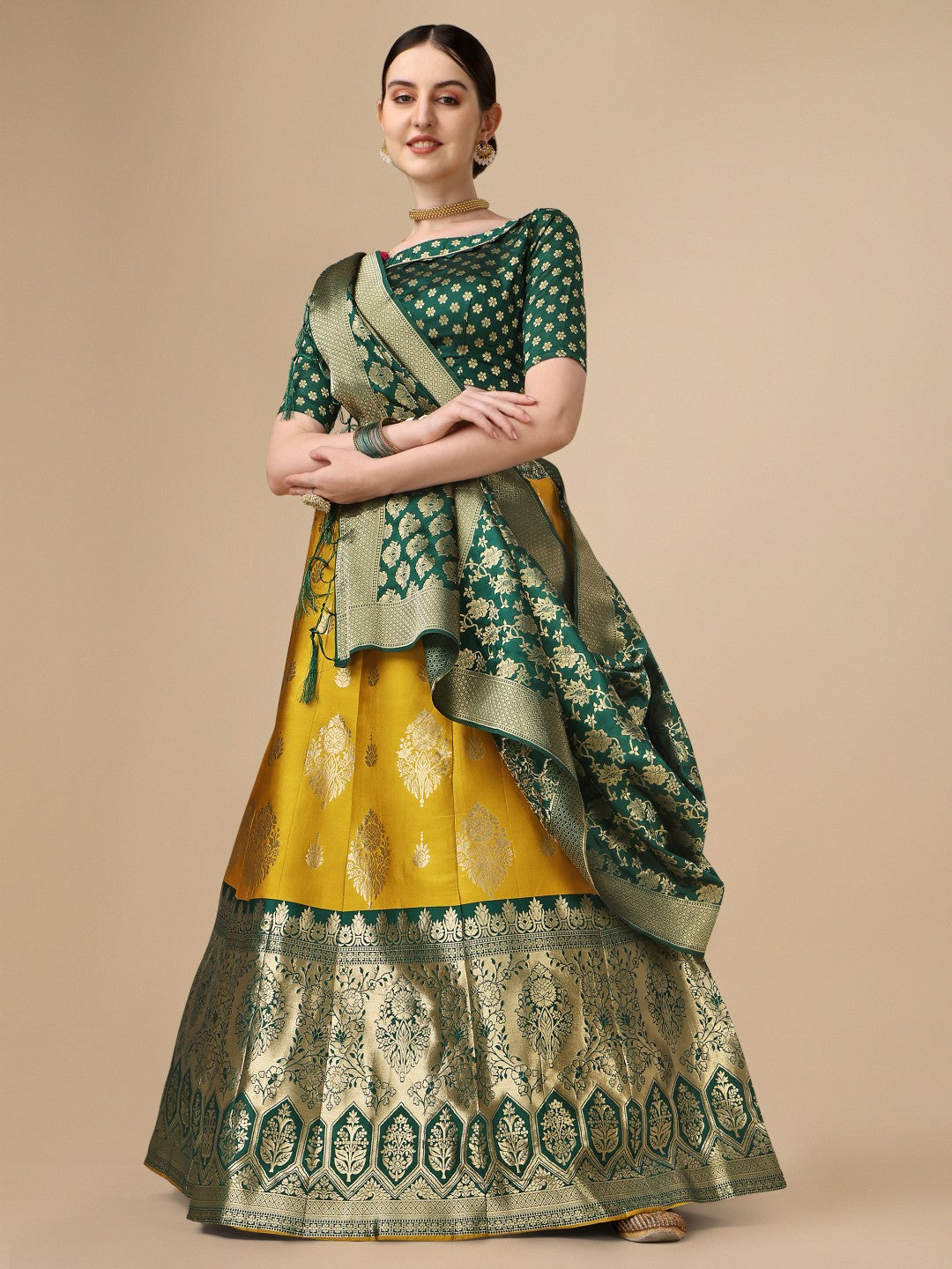 Lorenvalley Fashion Yellow Brocade Fabric Lehenga & Unstitched Blouse With Dupatta