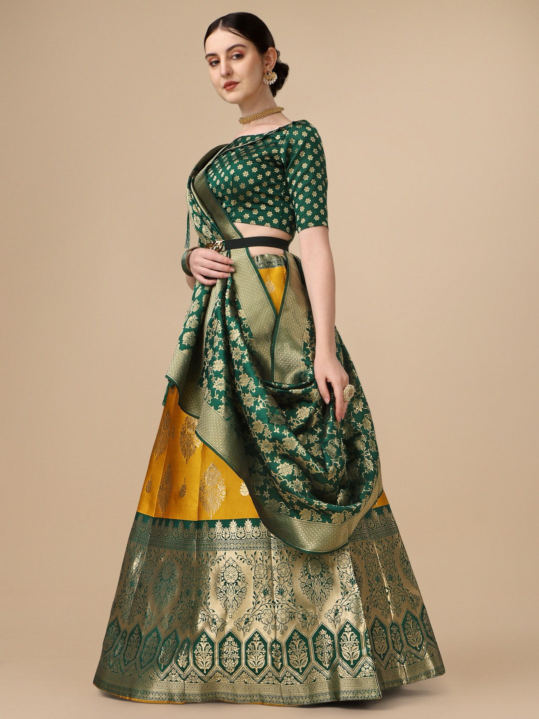 Lorenvalley Fashion Yellow Brocade Fabric Lehenga & Unstitched Blouse With Dupatta