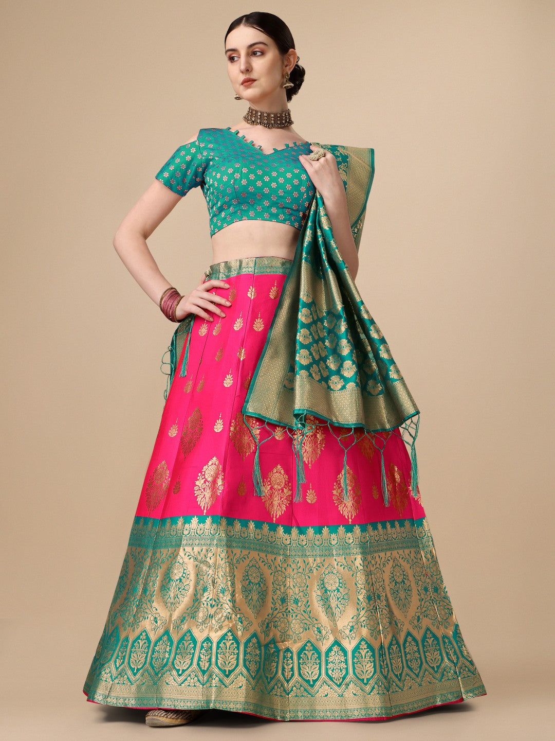 Lorenvalley Fashion Pink Brocade Fabric Lehenga & Unstitched Blouse With Dupatta