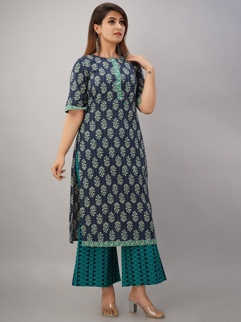 HERE&NOW Turquoise Blue Floral Printed Regular Kurta with Palazzos