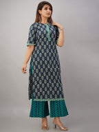 HERE&NOW Turquoise Blue Floral Printed Regular Kurta with Palazzos