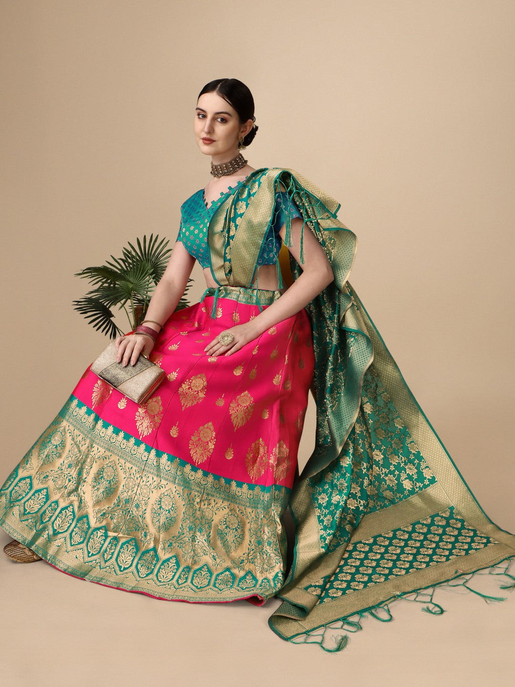 Lorenvalley Fashion Pink Brocade Fabric Lehenga & Unstitched Blouse With Dupatta