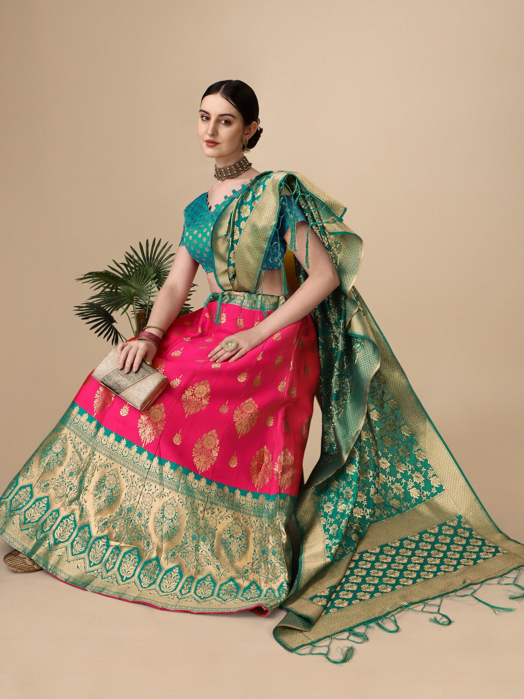 Lorenvalley Fashion Pink Brocade Fabric Lehenga & Unstitched Blouse With Dupatta