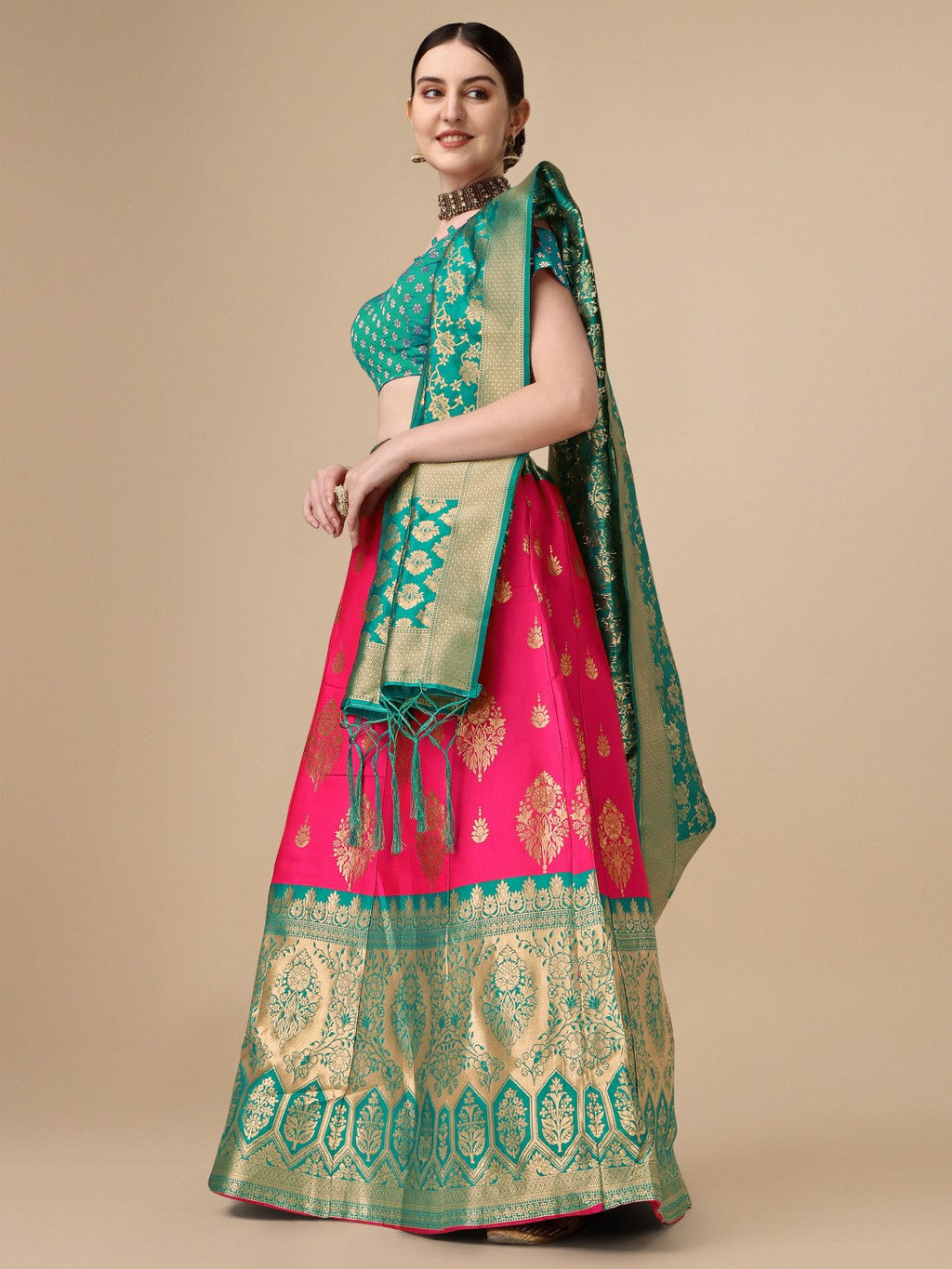 Lorenvalley Fashion Pink Brocade Fabric Lehenga & Unstitched Blouse With Dupatta