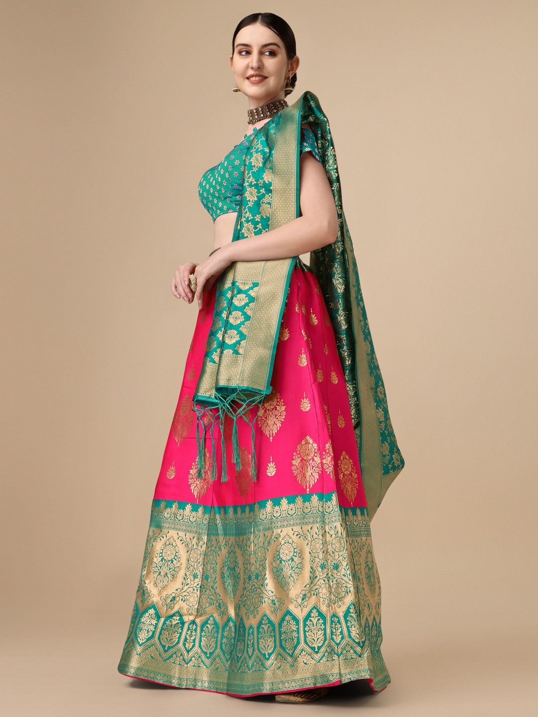 Lorenvalley Fashion Pink Brocade Fabric Lehenga & Unstitched Blouse With Dupatta