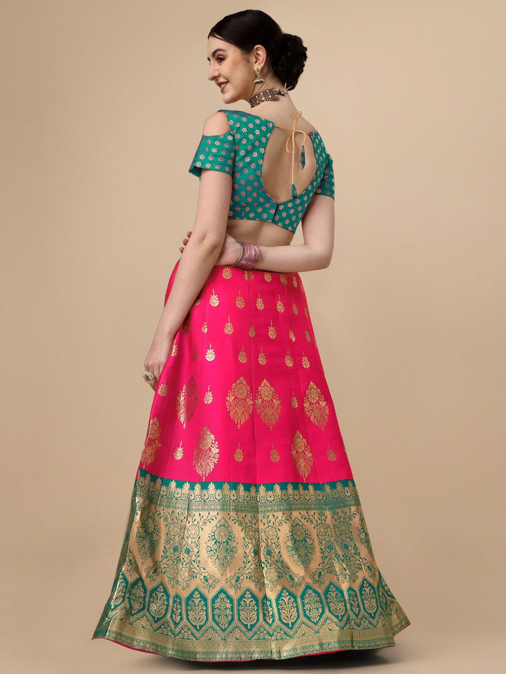 Lorenvalley Fashion Pink Brocade Fabric Lehenga & Unstitched Blouse With Dupatta