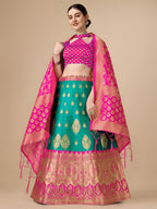Lorenvalley Fashion Rama Brocade Fabric Lehenga & Unstitched Blouse With Dupatta