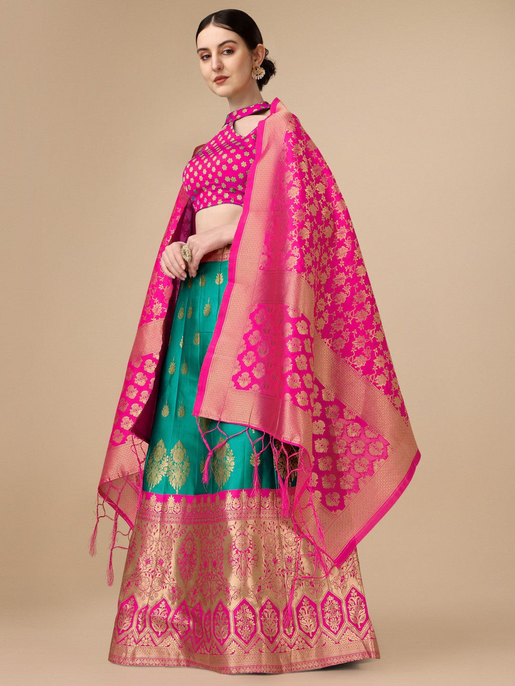 Lorenvalley Fashion Rama Brocade Fabric Lehenga & Unstitched Blouse With Dupatta