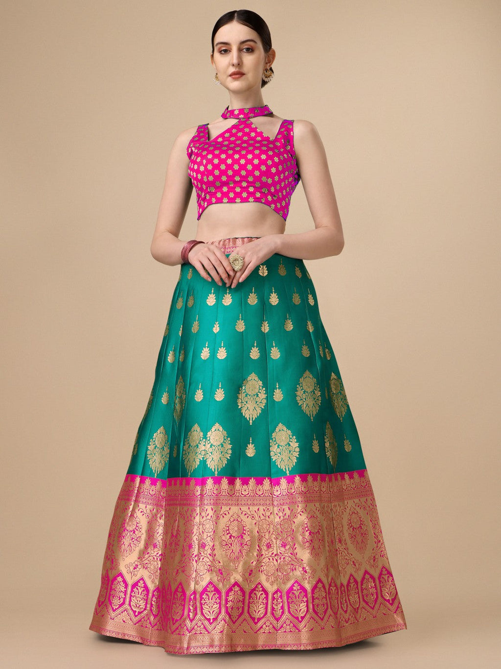 Lorenvalley Fashion Rama Brocade Fabric Lehenga & Unstitched Blouse With Dupatta
