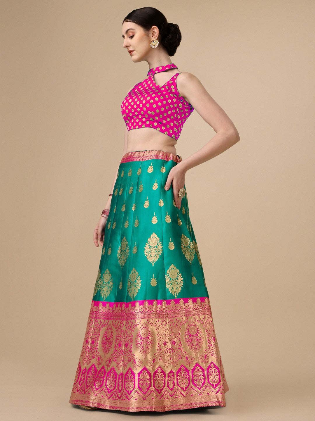 Lorenvalley Fashion Rama Brocade Fabric Lehenga & Unstitched Blouse With Dupatta