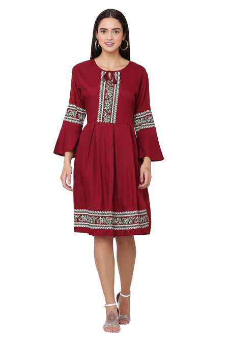 PAVONINE Maroon Color Rayon Fabric Printed Short Midi For Girls