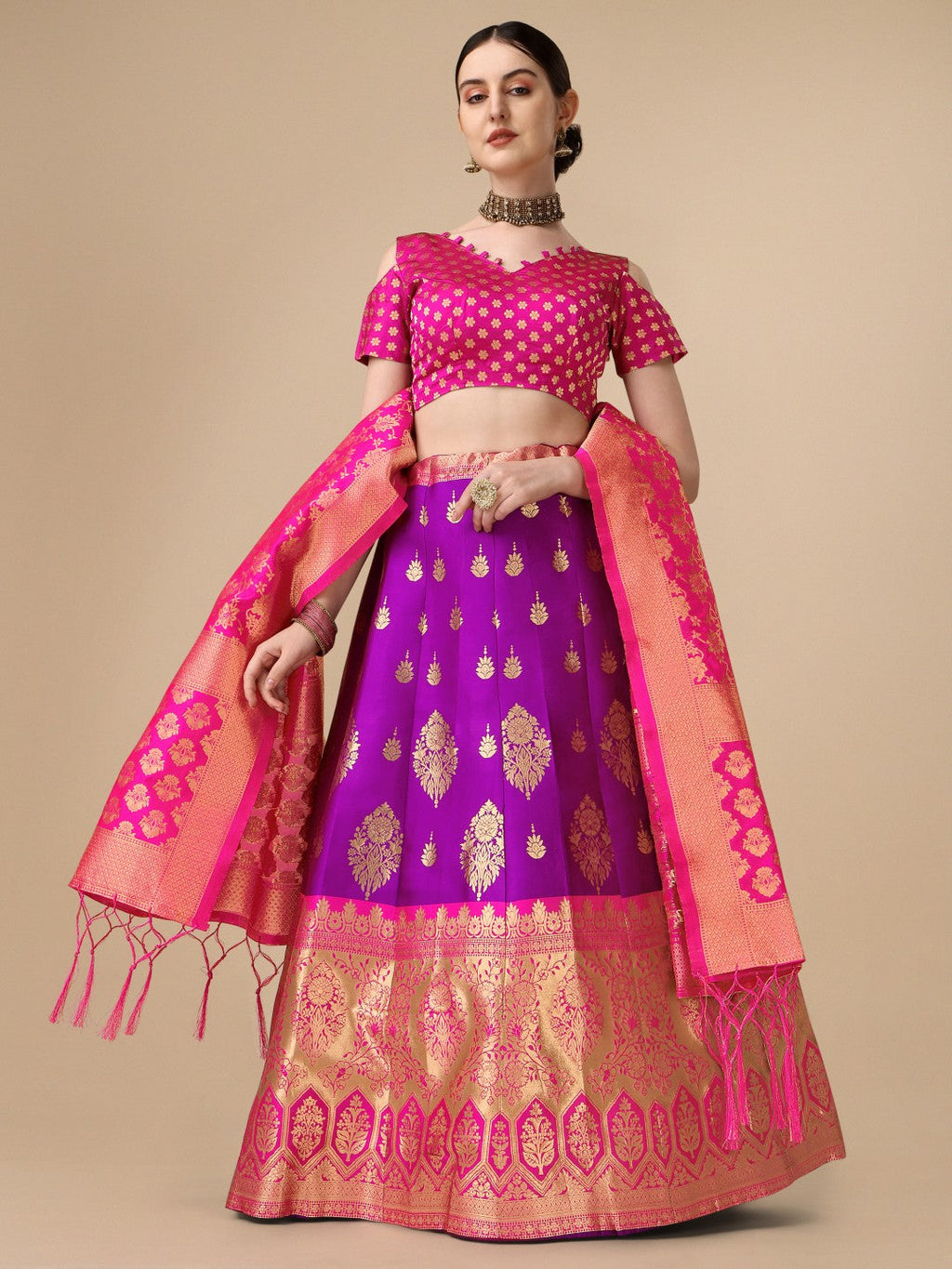 Lorenvalley Fashion Purple Brocade Fabric Lehenga & Unstitched Blouse With Dupatta