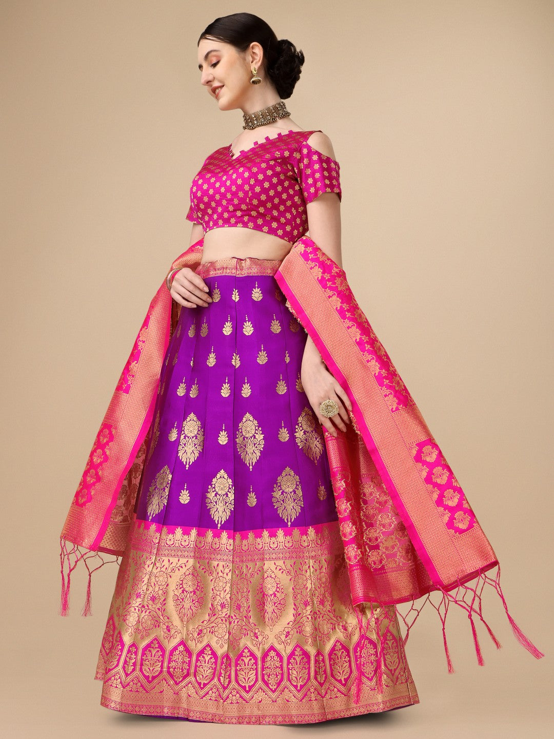 Lorenvalley Fashion Purple Brocade Fabric Lehenga & Unstitched Blouse With Dupatta