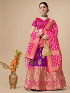 Lorenvalley Fashion Purple Brocade Fabric Lehenga & Unstitched Blouse With Dupatta