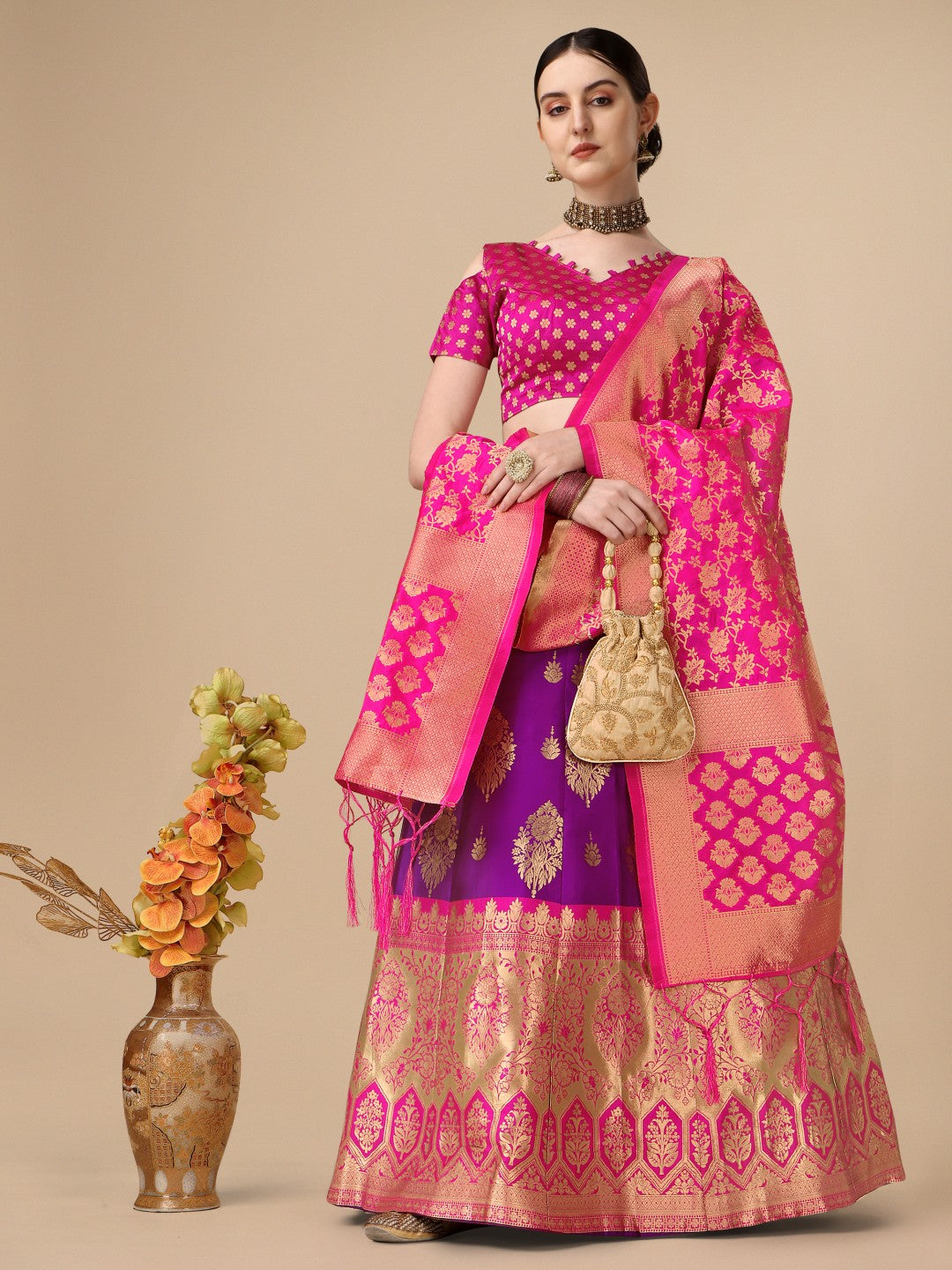 Lorenvalley Fashion Purple Brocade Fabric Lehenga & Unstitched Blouse With Dupatta