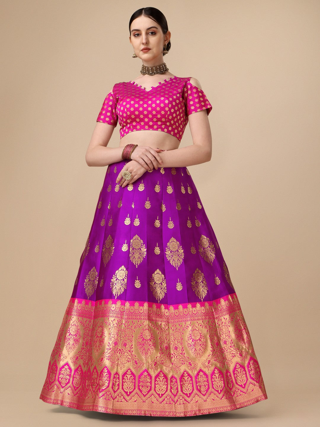 Lorenvalley Fashion Purple Brocade Fabric Lehenga & Unstitched Blouse With Dupatta
