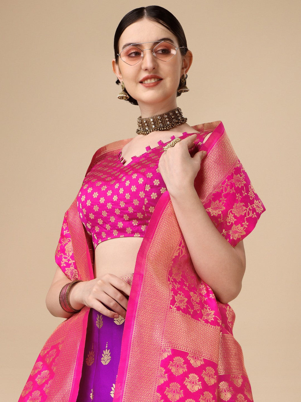 Lorenvalley Fashion Purple Brocade Fabric Lehenga & Unstitched Blouse With Dupatta