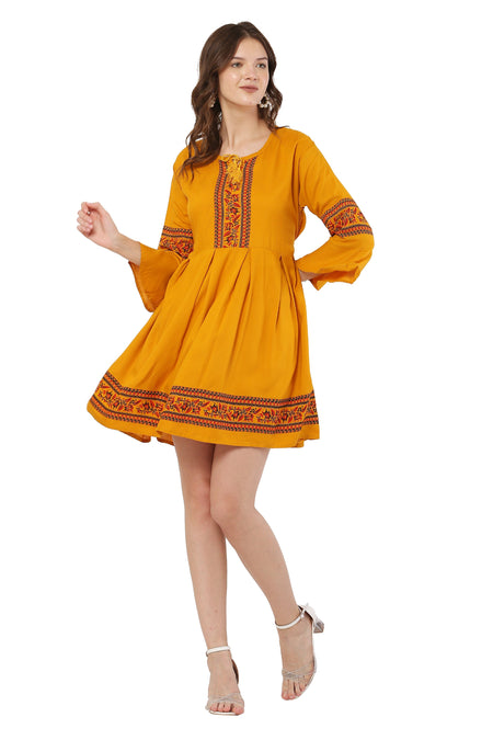 PAVONINE Mustard Color Rayon Fabric Printed Short Midi For Girls