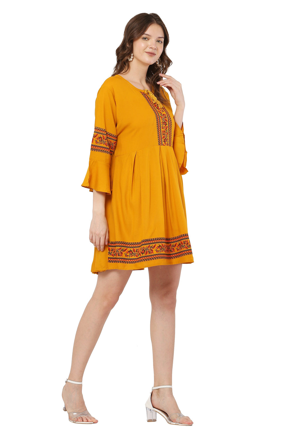 PAVONINE Mustard Color Rayon Fabric Printed Short Midi For Girls - Distacart