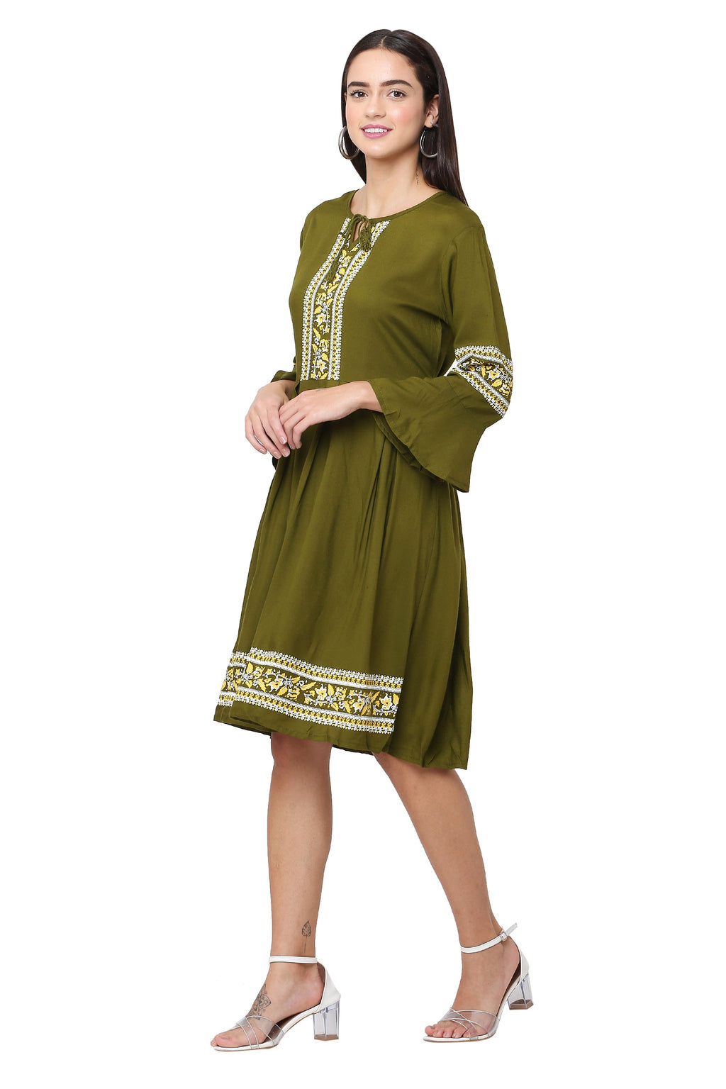 PAVONINE Mehandi Green Color Rayon Fabric Printed Short Midi For Girls - Distacart