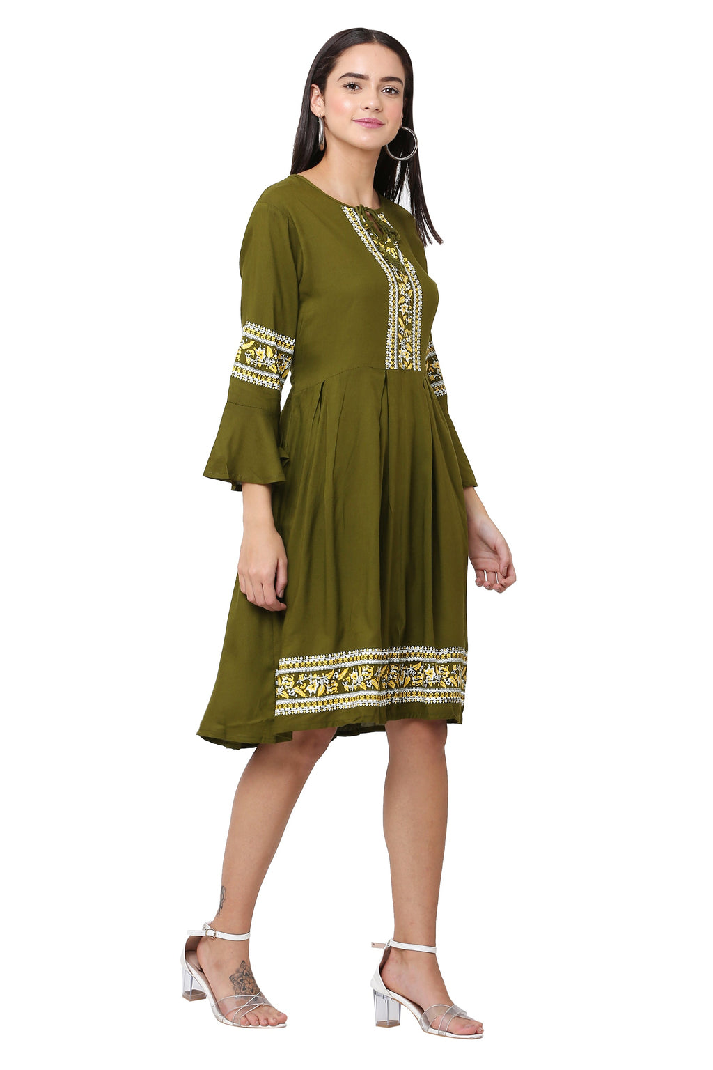 PAVONINE Mehandi Green Color Rayon Fabric Printed Short Midi For Girls - Distacart