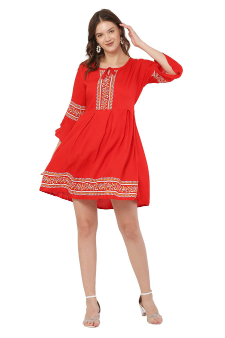 PAVONINE Red Color Rayon Fabric Printed Short Midi For Girls