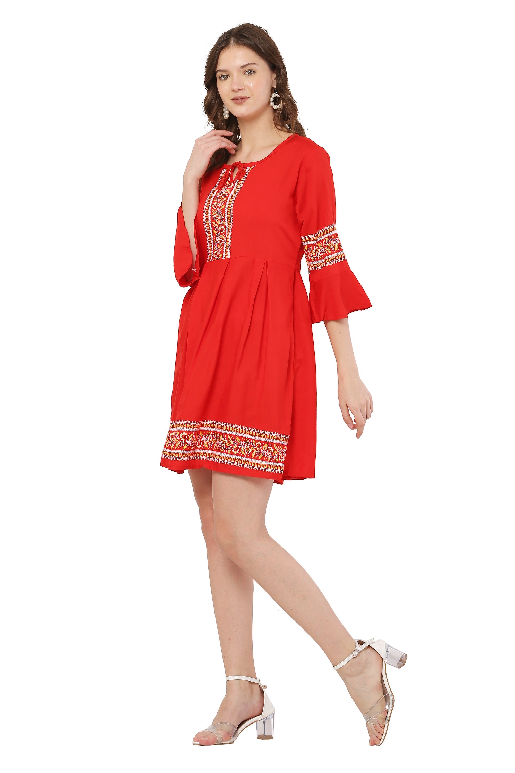 PAVONINE Red Color Rayon Fabric Printed Short Midi For Girls - Distacart