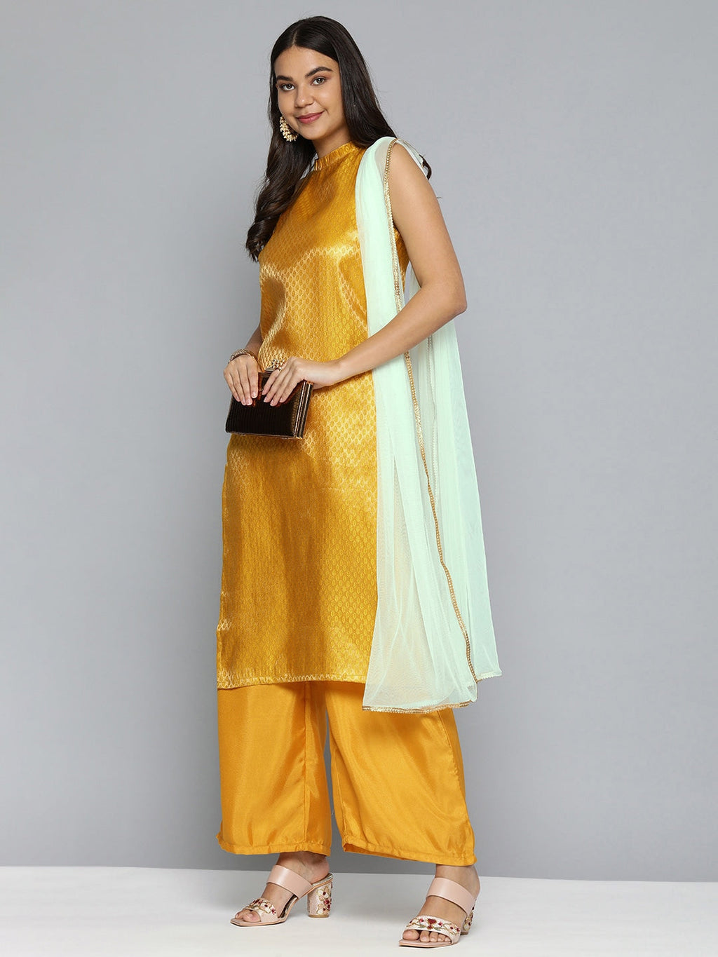 HERE&NOW Women Mustard Yellow Ethnic Motifs Kurta with Palazzos & With Dupatta