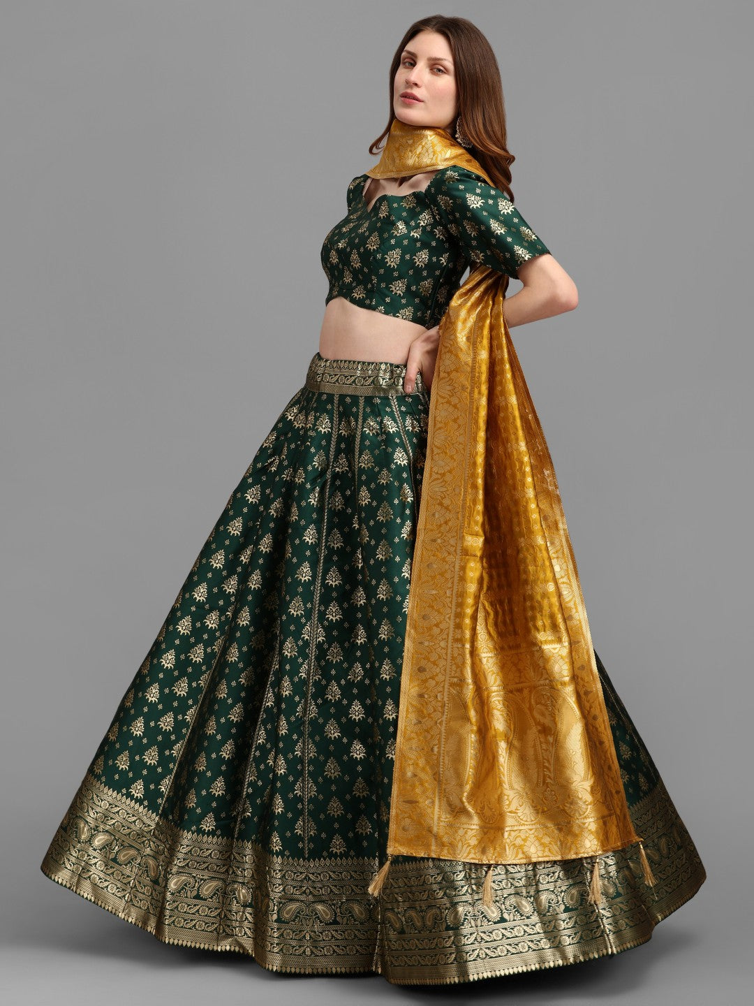 Lorenvalley Fashion Green Brocade Fabric Lehenga & Unstitched Blouse With Dupatta
