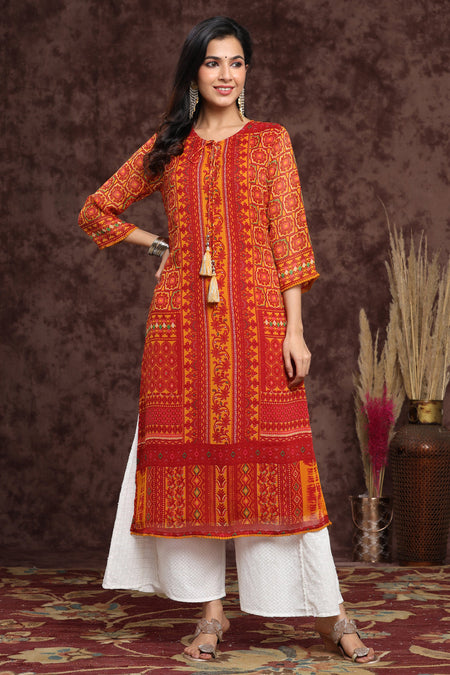 Juniper Women's Mustard Chiffon Printed Straight Kurta