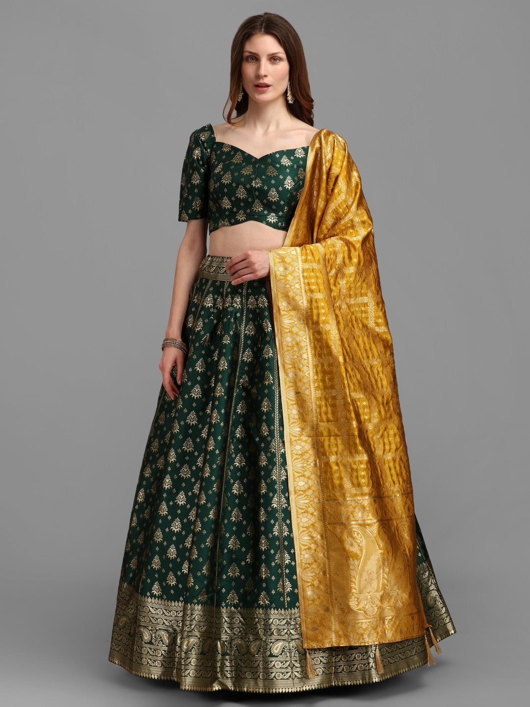 Lorenvalley Fashion Green Brocade Fabric Lehenga & Unstitched Blouse With Dupatta