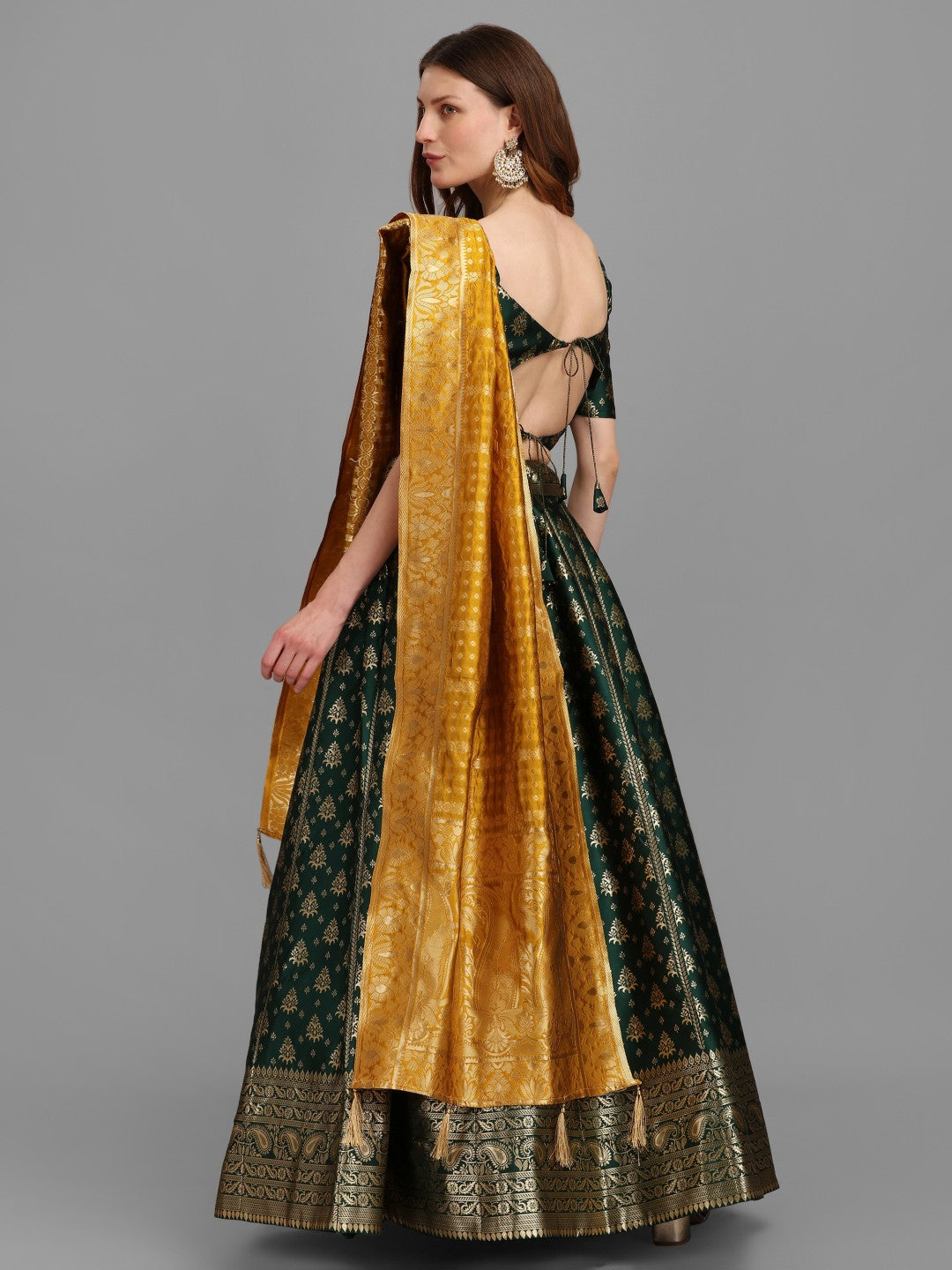 Lorenvalley Fashion Green Brocade Fabric Lehenga & Unstitched Blouse With Dupatta