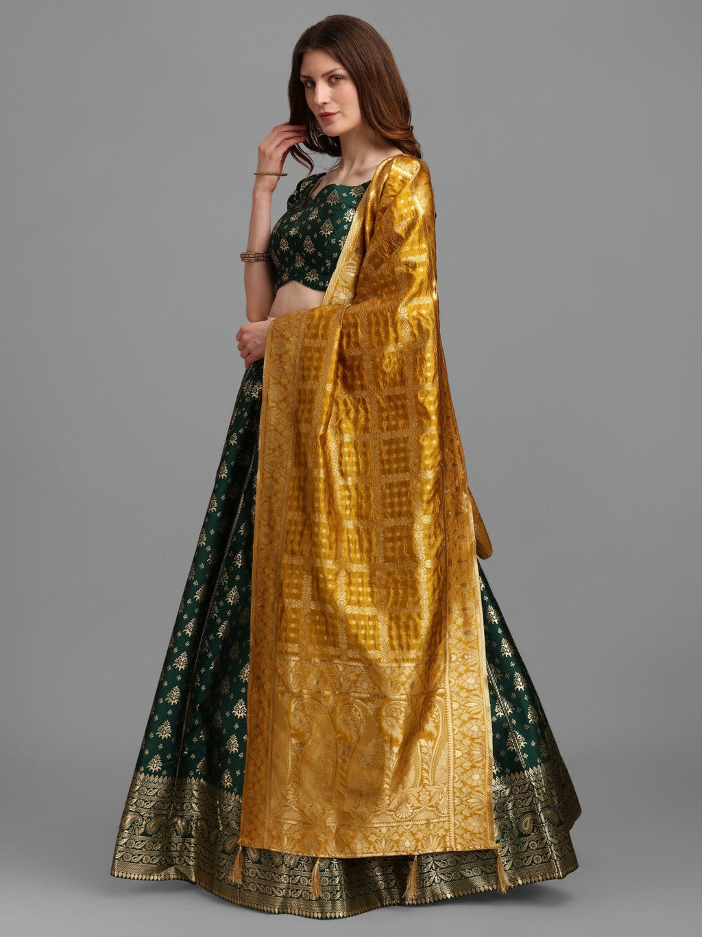Lorenvalley Fashion Green Brocade Fabric Lehenga & Unstitched Blouse With Dupatta