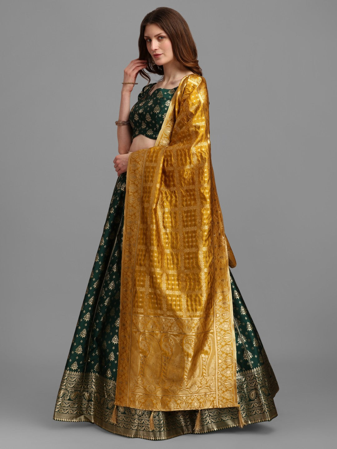 Lorenvalley Fashion Green Brocade Fabric Lehenga & Unstitched Blouse With Dupatta