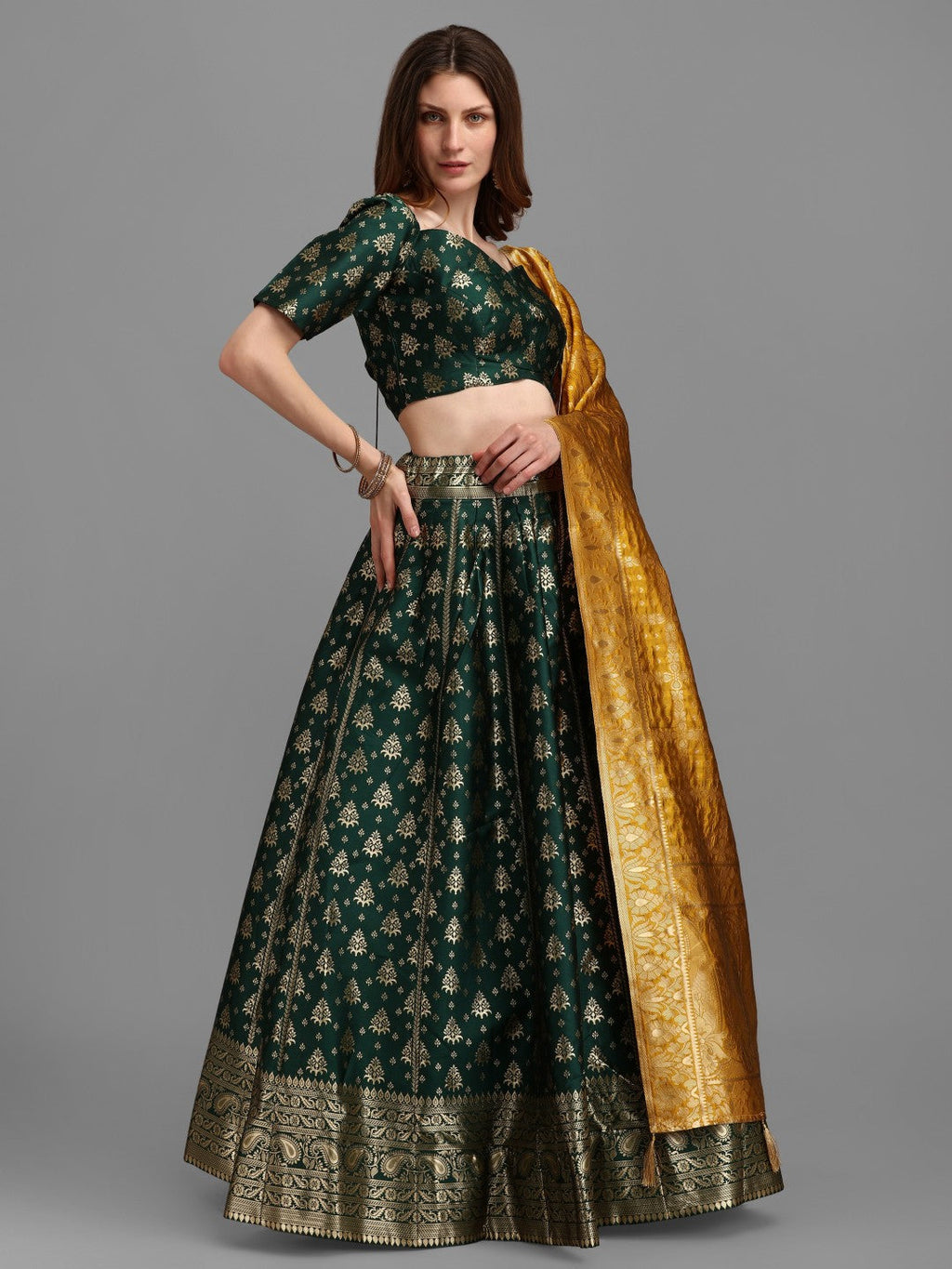Lorenvalley Fashion Green Brocade Fabric Lehenga & Unstitched Blouse With Dupatta