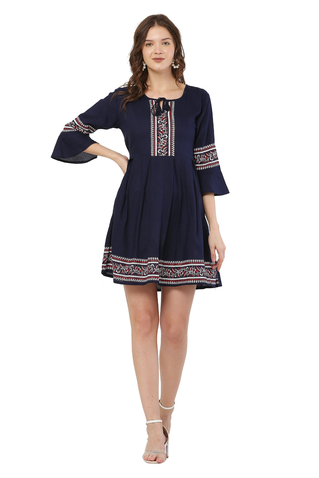 PAVONINE Navy Blue Color Rayon Fabric Printed Short Midi For Girls - Distacart