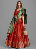 Lorenvalley Fashion Red Brocade Fabric Lehenga & Unstitched Blouse With Dupatta