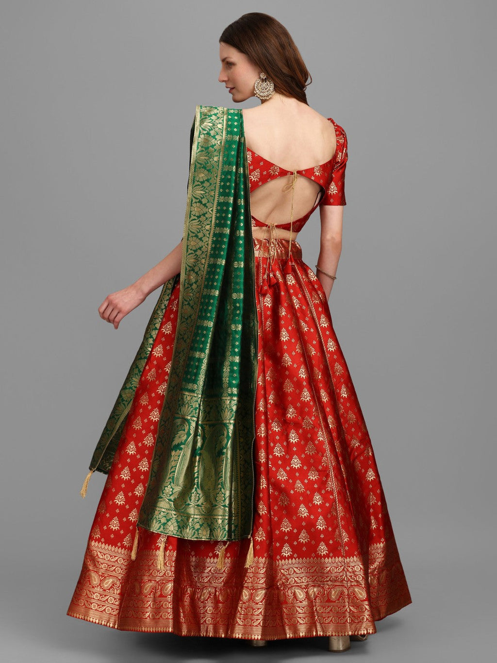 Lorenvalley Fashion Red Brocade Fabric Lehenga & Unstitched Blouse With Dupatta