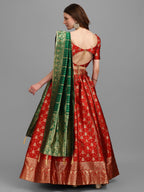 Lorenvalley Fashion Red Brocade Fabric Lehenga & Unstitched Blouse With Dupatta