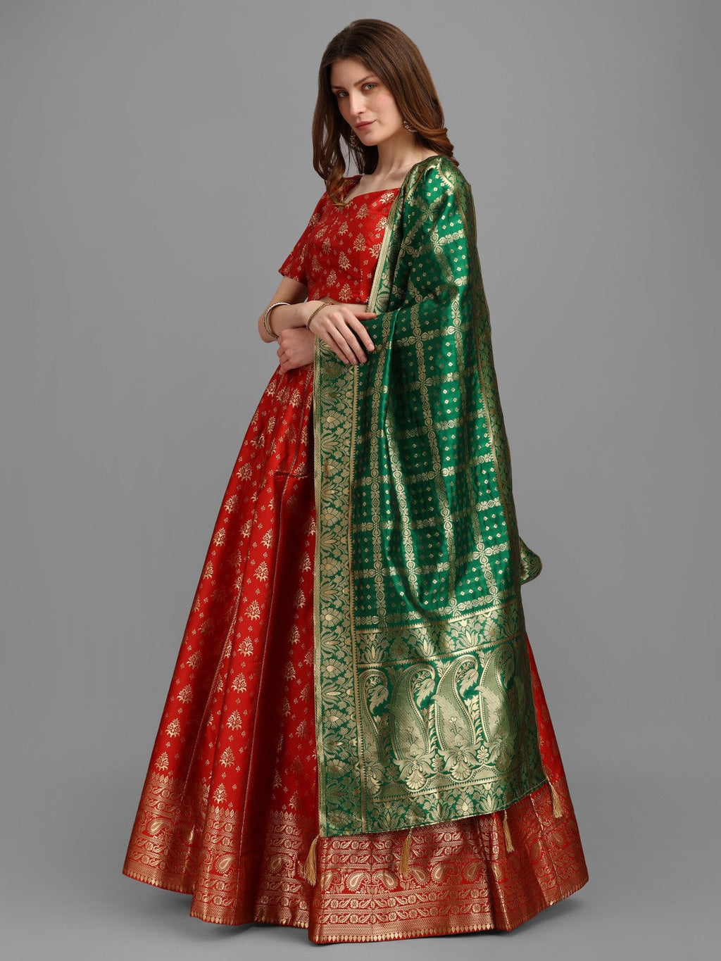 Lorenvalley Fashion Red Brocade Fabric Lehenga & Unstitched Blouse With Dupatta